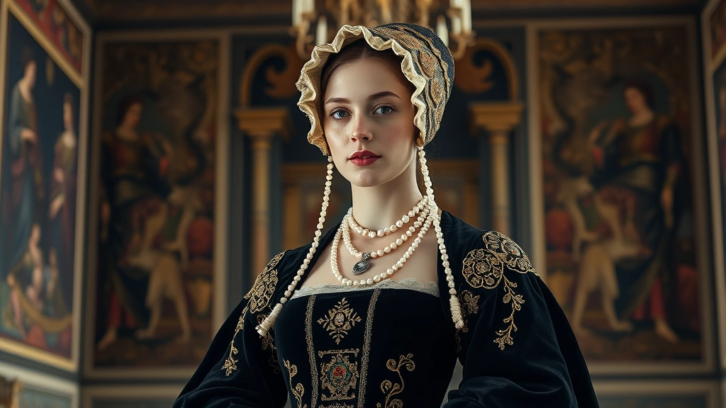 Opulent 16th century noblewoman wearing a black velvet gown with gold embroidery, pearl necklaces, and an elaborate French hood headdress, standing in a Renaissance palace setting with rich tapestries in the background, photorealistic historical fashion portrait