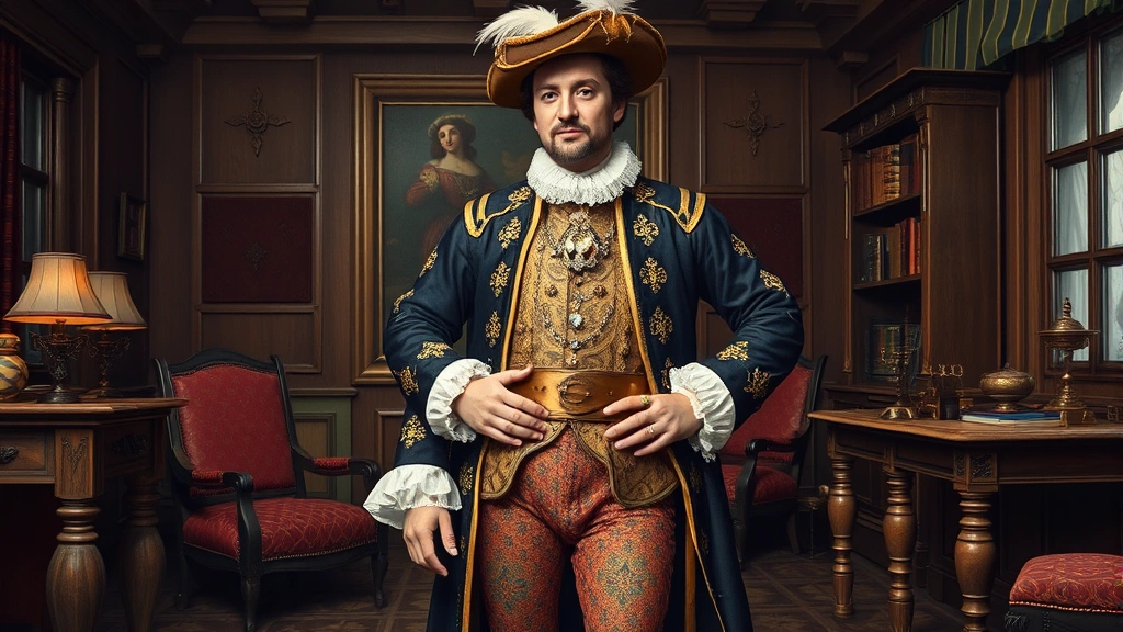 Renaissance gentleman in a richly decorated doublet with peascod belly, bright patterned hose, jeweled rings, and a feathered hat, posed confidently in a merchant's chamber with fine furnishings, photorealistic period menswear illustration