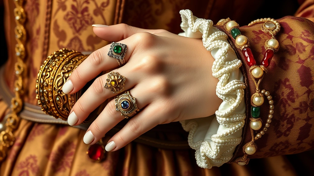 Close-up detail of a 16th century lady's hand showing multiple jeweled rings and ornate gold bracelets, with luxurious damask fabric and pearl-embroidered sleeve visible, demonstrating portable wealth and status symbols, photorealistic jewelry and textile study