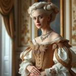 Aristocratic woman in 1700s fashion wearing an ornate gown with panniers, intricate embroidery, jeweled accessories, and powdered hair decorated with ribbons, standing in an elegant interior setting with natural window light, photorealistic historical fashion portrait