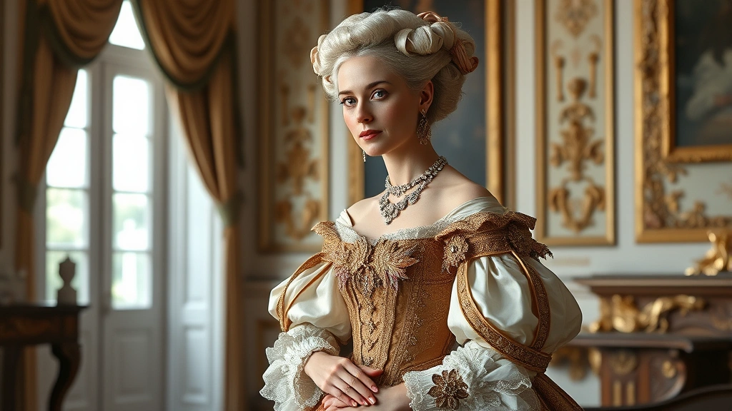 Aristocratic woman in 1700s fashion wearing an ornate gown with panniers, intricate embroidery, jeweled accessories, and powdered hair decorated with ribbons, standing in an elegant interior setting with natural window light, photorealistic historical fashion portrait