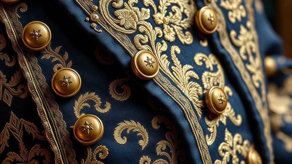 Close-up detail of 1700s textile craftsmanship showing elaborate embroidery on a gentleman's coat with gold thread, silk brocade patterns, decorative buttons, and fine hand-stitching, photorealistic fabric detail with soft natural lighting