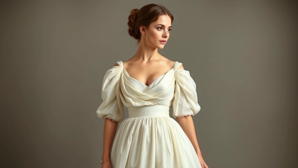 Elegant neoclassical-inspired late 1700s gown in flowing muslin fabric with delicate draping, minimal ornamentation, empire waistline, paired with simple accessories and natural hairstyle, photorealistic fashion portrait showing the shift toward simplicity