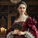 Aristocratic woman wearing elaborate 17th century gown with deep burgundy silk, ornate gold embroidery, cascading lace at neckline, pearls in styled hair, holding decorative fan, standing in candlelit palace interior with rich tapestries