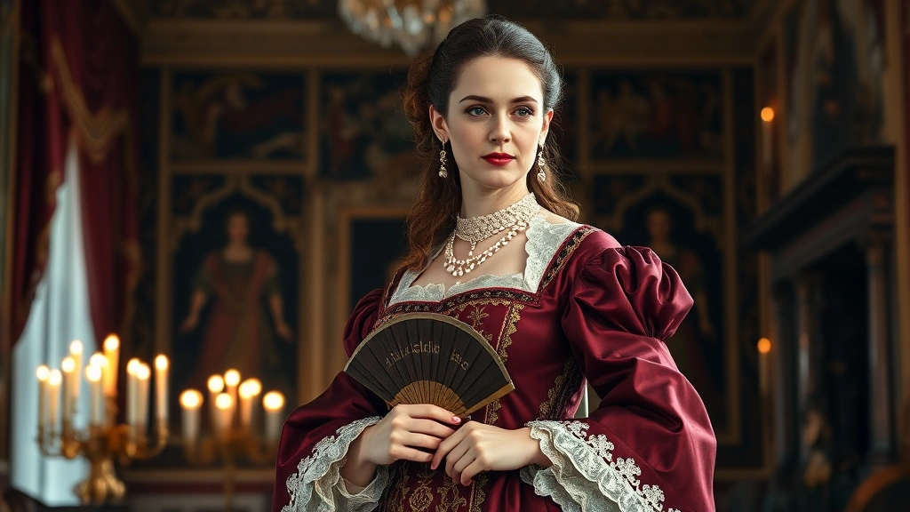 Aristocratic woman wearing elaborate 17th century gown with deep burgundy silk, ornate gold embroidery, cascading lace at neckline, pearls in styled hair, holding decorative fan, standing in candlelit palace interior with rich tapestries