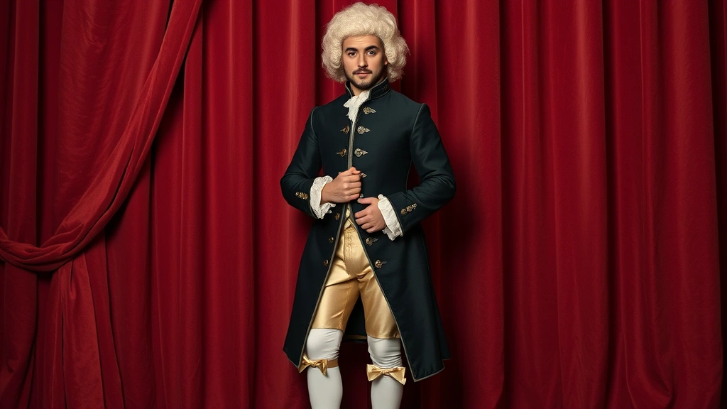 Noble gentleman in formal 17th century court dress featuring long coat with ornate buttons, silk breeches with ribbon decoration at knees, white linen stockings, elaborate periwig, holding decorative gloves, positioned against draped velvet curtains