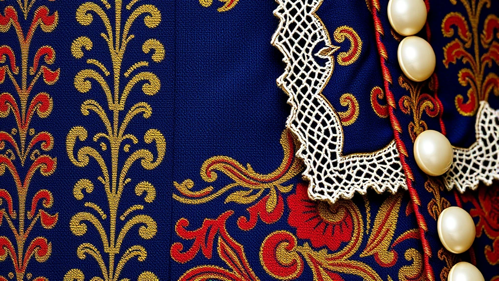 Detail of luxurious 17th century textile showing intricate woven pattern with gold metallic threads, vibrant indigo blue and crimson colors, fine linen lace trim, pearl buttons, demonstrating craftsmanship and material wealth of the era