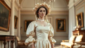 A wealthy woman wearing an early 1820s day dress with pale silk fabric, fitted bodice with natural waistline, puffed sleeves, and an ornate bonnet with ribbons, standing in an elegant drawing room with classical architecture in soft natural light