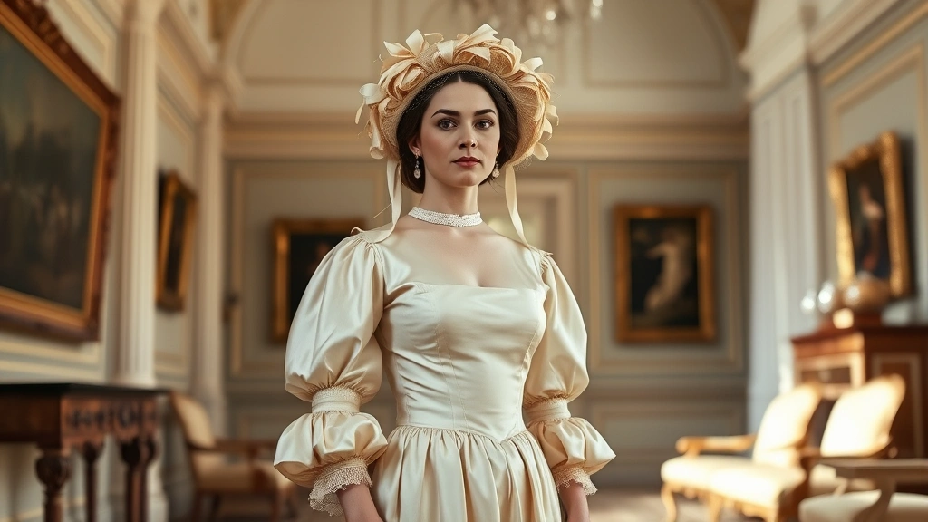 A wealthy woman wearing an early 1820s day dress with pale silk fabric, fitted bodice with natural waistline, puffed sleeves, and an ornate bonnet with ribbons, standing in an elegant drawing room with classical architecture in soft natural light