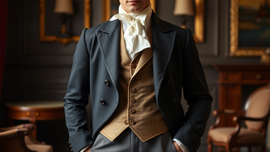 A fashionable gentleman in 1820s formal attire wearing a precisely tailored dark frock coat, embroidered silk waistcoat, starched white cravat, fitted trousers, and polished leather shoes, posed in a refined interior setting