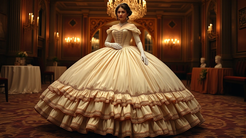 An elaborate 1820s ball gown featuring a full skirt with layered ruching and decorative trim at the hem, off-shoulder neckline, fitted corseted bodice, delicate kid gloves, and jeweled accessories, photographed in candlelit ballroom ambiance