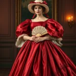 Elegant 1830s woman wearing deep crimson silk dress with exaggerated leg-of-mutton sleeves, fitted bodice with boning, dramatically voluminous skirt with multiple petticoats, holding a lace fan, wearing a bonnet with ribbons, standing in period drawing room with candlelight, photorealistic historical fashion illustration