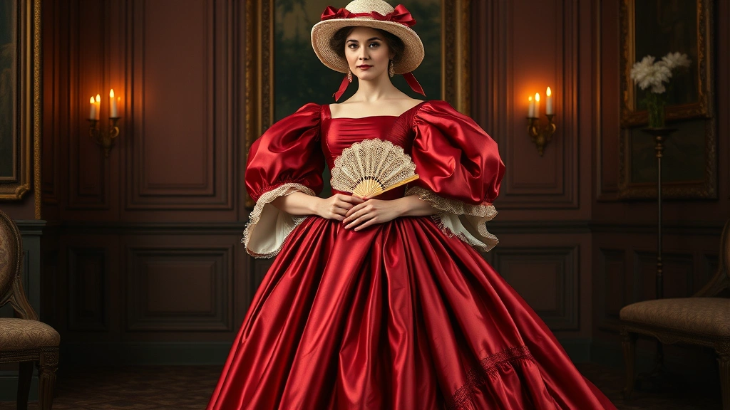 Elegant 1830s woman wearing deep crimson silk dress with exaggerated leg-of-mutton sleeves, fitted bodice with boning, dramatically voluminous skirt with multiple petticoats, holding a lace fan, wearing a bonnet with ribbons, standing in period drawing room with candlelight, photorealistic historical fashion illustration