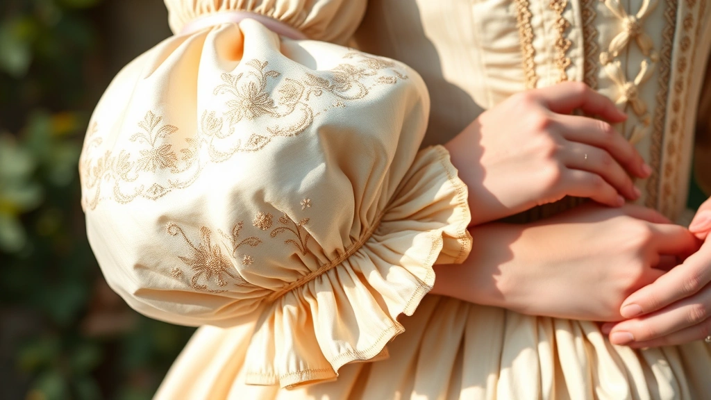 Close-up detail of 1830s dress construction showing leg-of-mutton sleeve with gathered fullness at shoulder tapering to fitted wrist cuff, intricate silk embroidery on bodice front, ribbon trim details, boning channels visible, hands adjusting the sleeve, soft natural lighting highlighting textile craftsmanship