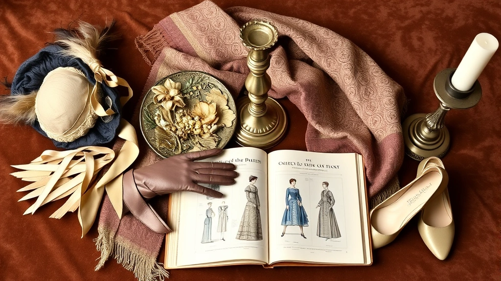 1830s fashion accessories arrangement displaying silk bonnet with feathers and ribbons, long kid leather gloves, paisley wool shawl, decorative brooch pin with floral motif, pearl earrings, delicate shoes with heel, fashion magazine open showing dress patterns, arranged on velvet surface with period candlestick