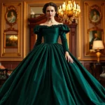 Woman wearing deep emerald green 1850s ball gown with enormous bell-shaped skirt, fitted waist, standing in elegant parlor with ornate furniture, authentic Victorian styling, photorealistic, professional lighting