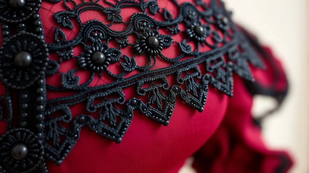 Close-up detail of intricate black lace and jet beading on burgundy 1850s dress bodice, showing fine hand-stitching and passementerie trim, textile texture detail, professional photography, no text