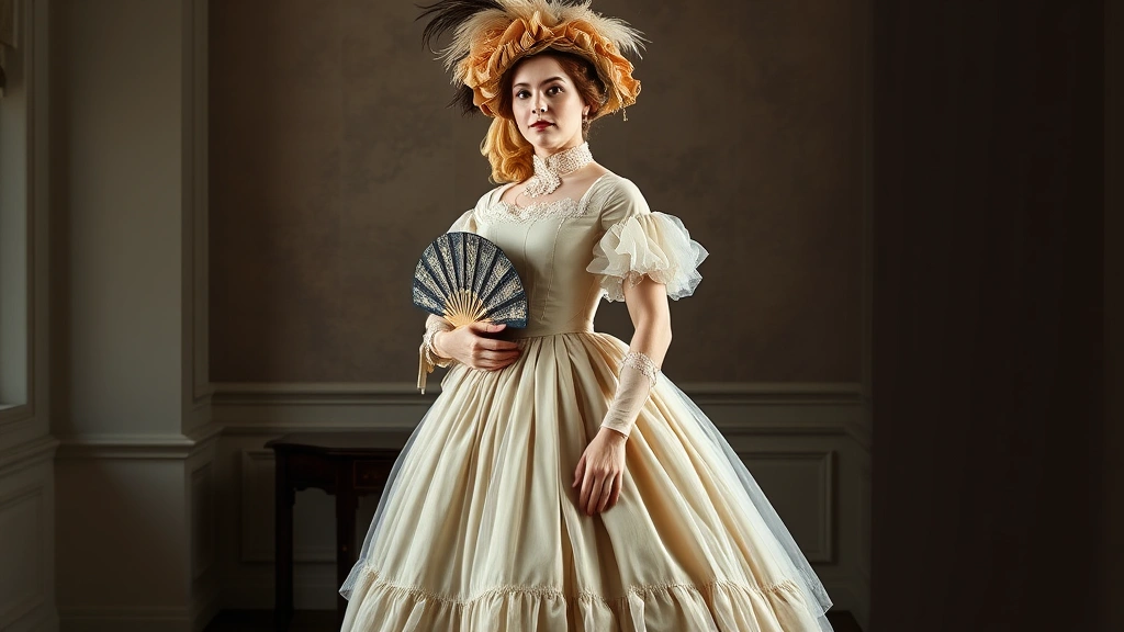 Full-length portrait of woman in 1850s fashionable dress with crinoline cage visible beneath sheer overskirt, elaborate bonnet with feathers and ribbons, holding decorative fan, indoor studio setting, period-accurate styling, photorealistic