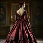 Woman wearing deep burgundy 1870s bustle dress with elaborate silk trim, standing in period room with gas lamps, full skirt with dramatic rear projection, ornate jewelry and bonnet visible