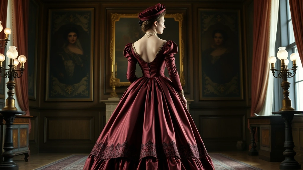 Woman wearing deep burgundy 1870s bustle dress with elaborate silk trim, standing in period room with gas lamps, full skirt with dramatic rear projection, ornate jewelry and bonnet visible