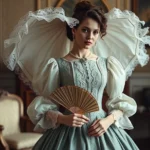Woman wearing 1880s fashion with dramatic bustle projection, fitted bodice with beadwork embroidery, puffed sleeves, holding ornate fan, standing in parlor with period furnishings, soft natural lighting, elegant posture, detailed lace and silk fabrics visible