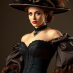 Portrait of elegant woman wearing 1890s fashion with Gibson Girl silhouette, S-bend corset creating dramatic hourglass figure, voluminous leg-of-mutton sleeves, elaborate feathered hat, formal studio lighting, photorealistic period clothing detail