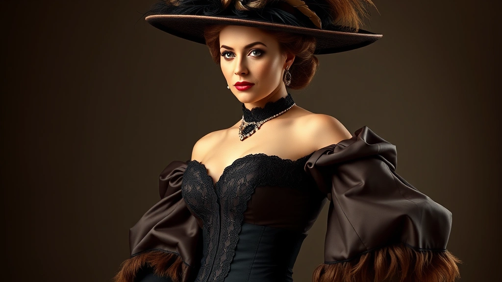 Portrait of elegant woman wearing 1890s fashion with Gibson Girl silhouette, S-bend corset creating dramatic hourglass figure, voluminous leg-of-mutton sleeves, elaborate feathered hat, formal studio lighting, photorealistic period clothing detail