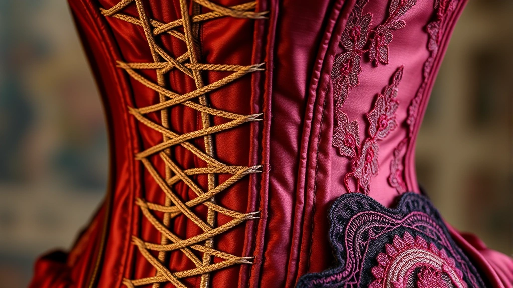 Close-up detail of 1890s corset construction showing intricate boning, layered fabrics, and detailed seaming work, with rich jewel-toned silk and lace embellishments, professional fashion photography style
