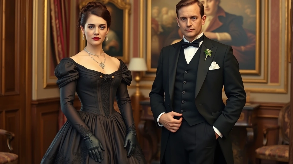 Well-dressed couple in 1890s formal attire, woman in corseted gown with full skirt and ornate accessories, man in tailored three-piece suit with waistcoat and pocket watch, standing in elegant Victorian interior setting, period-accurate fashion photography