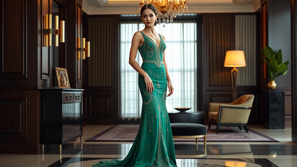 Elegant woman wearing a drop-waist beaded 1920s-inspired evening gown in emerald green silk with art deco geometric patterns, standing in modern luxury interior, photorealistic, high fashion photography