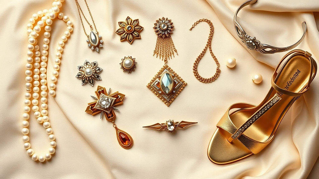 Flat lay arrangement of 1920s fashion accessories: long pearl necklaces, art deco geometric brooches, gold art deco jewelry, T-strap heels in metallic gold, and ornate hairband with crystals on cream silk fabric background