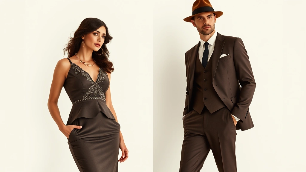 Fashionable couple modeling contemporary 1920s-inspired outfits: woman in tailored drop-waist dress with beading and man in sharp three-piece suit with wide-leg trousers and fedora, styled in modern luxury setting, editorial fashion photography