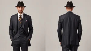 Well-dressed man in 1920s charcoal suit with natural shoulders, high-waisted trousers, silk tie, and fedora hat standing confidently against neutral background