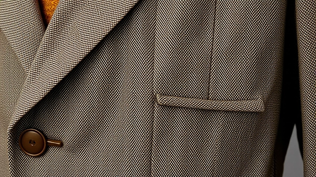 Close-up detail of 1920s suit jacket showing notched lapels, slanted chest pockets, and fine wool fabric texture with subtle weave pattern