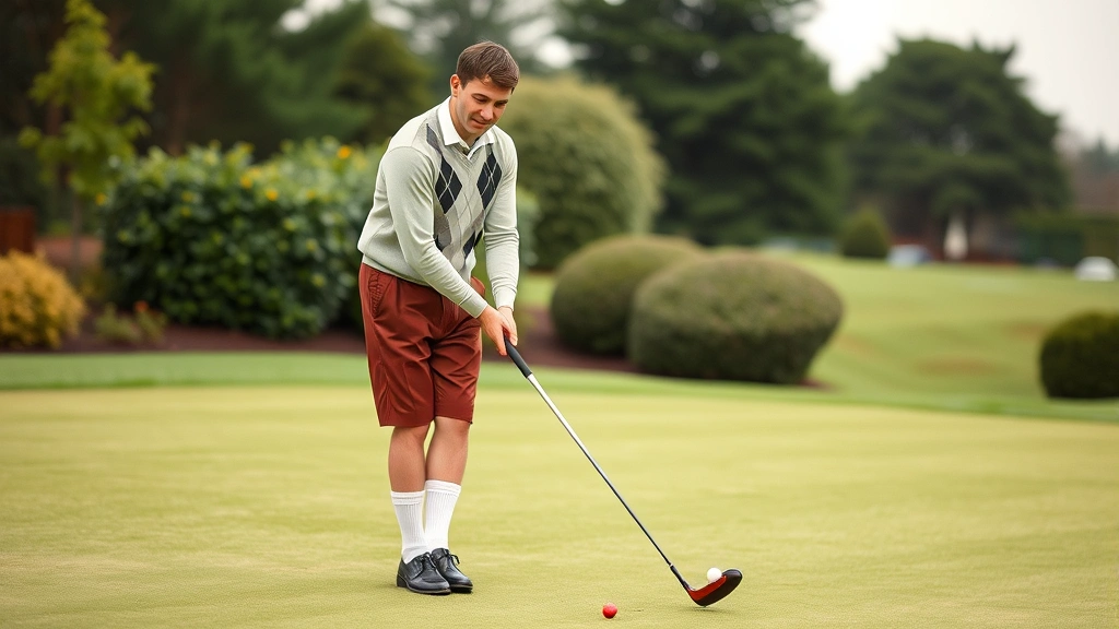 Man wearing 1920s casual sportswear including knickers, argyle sweater, long socks, and Oxford shoes, posed as if playing golf on manicured course