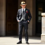 Dapper 1920s gentleman wearing high-waisted wide-leg trousers, three-piece suit with patterned waistcoat, fedora hat, pocket square, and spectator shoes, standing confidently in natural daylight with sophisticated posture and refined styling