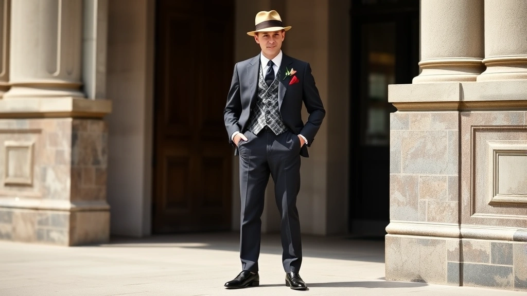Dapper 1920s gentleman wearing high-waisted wide-leg trousers, three-piece suit with patterned waistcoat, fedora hat, pocket square, and spectator shoes, standing confidently in natural daylight with sophisticated posture and refined styling