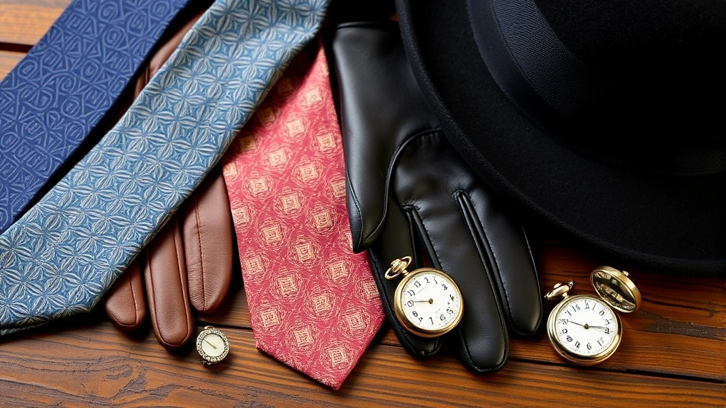 Close-up detail of 1920s men's accessories including silk ties with geometric patterns, leather gloves, pocket watches, cufflinks with art deco designs, and fedora hats arranged artfully on vintage wooden surface