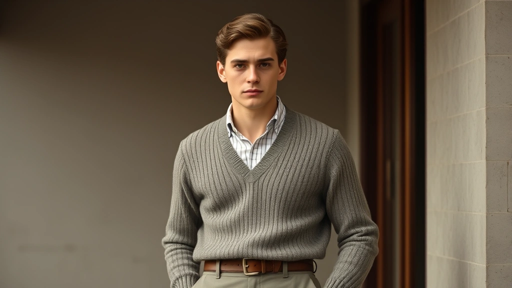 Young 1920s man in casual knitwear wearing V-neck sweater over collared shirt with high-waisted trousers and oxford shoes, representing the era's more relaxed daytime style while maintaining elegance and modern sophistication