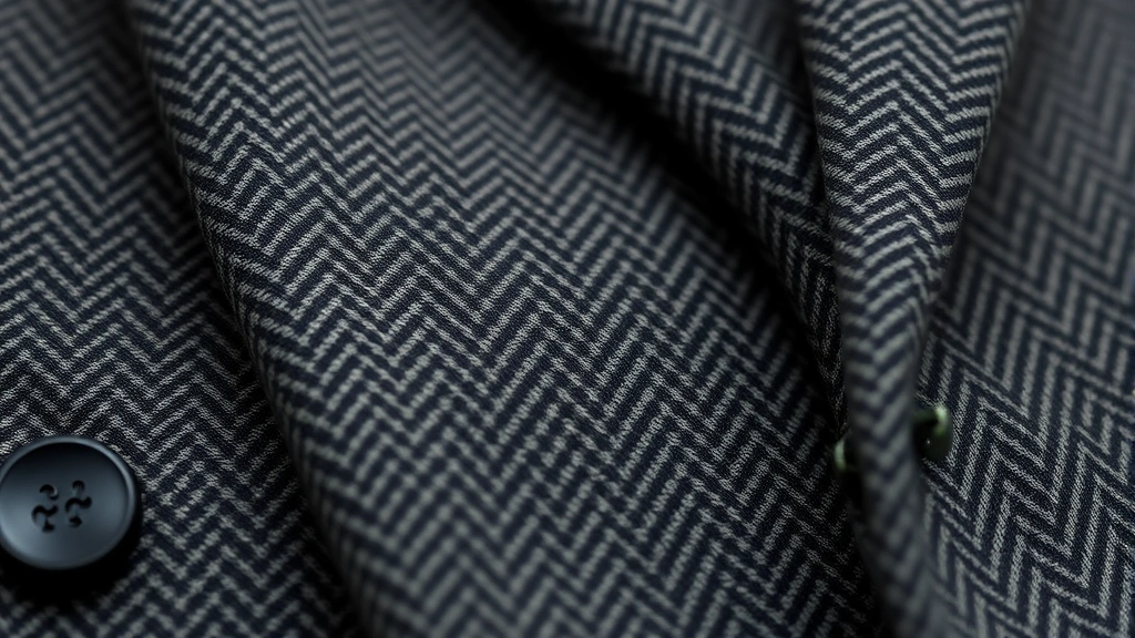 Close-up of authentic 1920s wool suiting fabric showing herringbone weave texture in charcoal gray, professional menswear detail photography, natural lighting highlighting fabric quality and craftsmanship