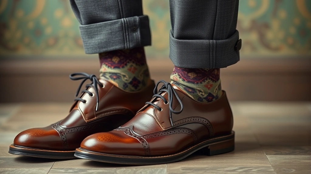 Close-up detail of 1920s menswear showing spectator Oxford shoes with contrasting leather colors, patterned socks, high-waisted trousers with generous cut, and decorative suspenders visible at waistband