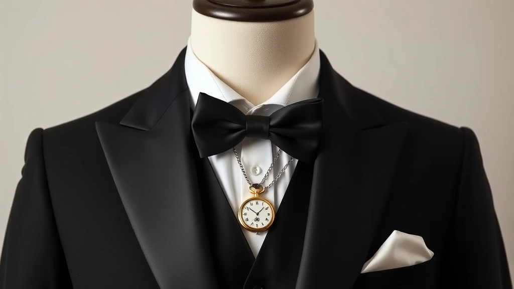 Vintage-inspired 1920s formal evening wear featuring black dinner jacket with satin lapels, white dress shirt, black bow tie, pocket watch with decorative chain, and elegant accessories arranged artfully