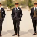 Well-dressed gentleman wearing classic 1920s suit with fedora, high-waisted trousers, and two-tone spectator shoes, standing confidently outdoors in natural daylight, showcasing authentic Jazz Age menswear styling.