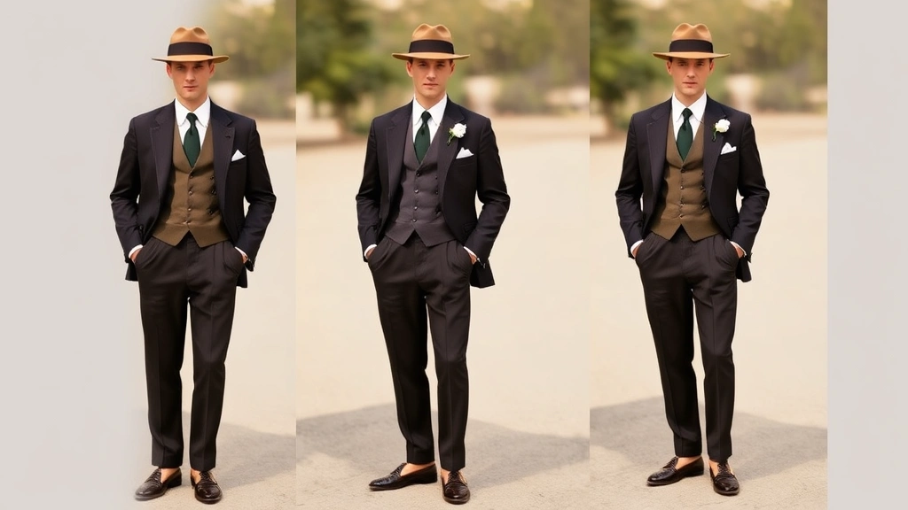 Well-dressed gentleman wearing classic 1920s suit with fedora, high-waisted trousers, and two-tone spectator shoes, standing confidently outdoors in natural daylight, showcasing authentic Jazz Age menswear styling.