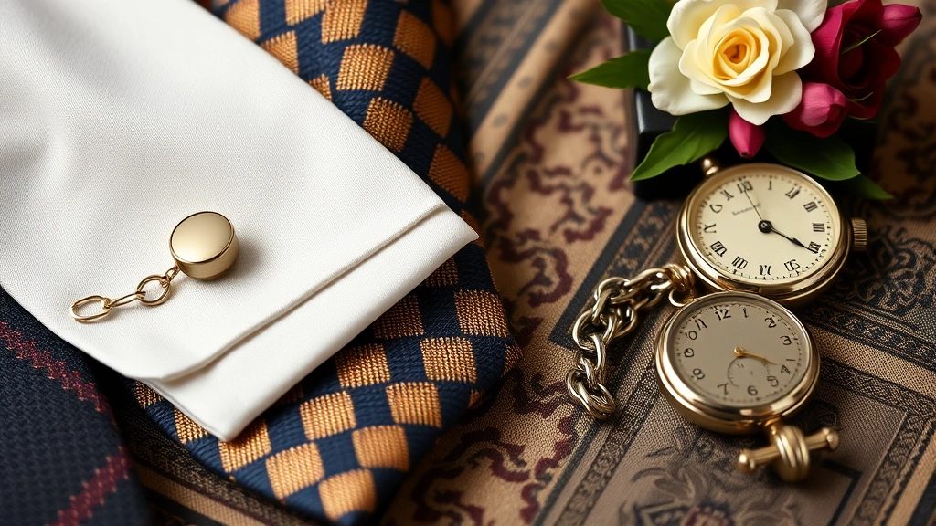 Close-up detail of 1920s menswear accessories including silk necktie with geometric pattern, polished cufflinks, pocket watch chain, and boutonniere, arranged on vintage fabric background.