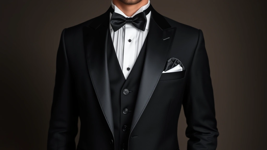 Vintage-inspired 1920s formal evening ensemble featuring black tuxedo suit, white dress shirt with high collar, black bow tie, patent leather oxfords, and pocket handkerchief, styled for sophisticated event wear.