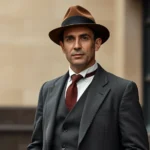 Vintage 1920s gentleman wearing three-piece suit with fedora hat, standing confidently in classic pose, natural lighting, photorealistic, professional style photography