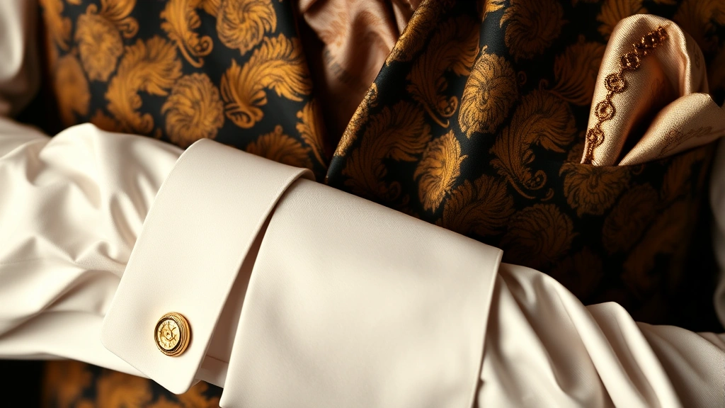 Close-up of 1920s formal attire details: patterned silk waistcoat, gold cufflinks, pocket watch chain, dress shirt with tie and pocket square, luxurious textures