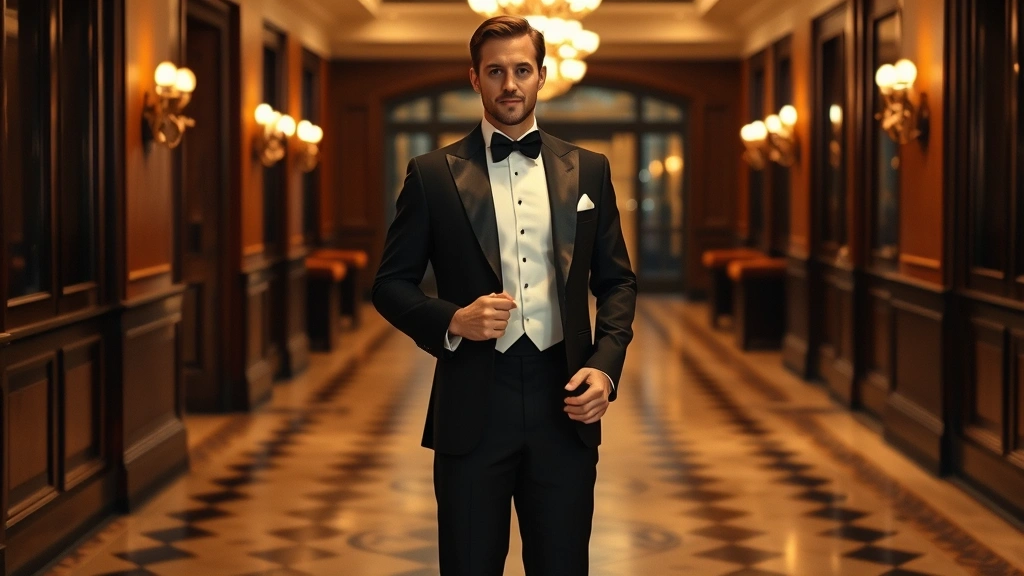 1920s styled man in complete evening formal wear with tuxedo jacket, white dress shirt, bow tie, and polished dress shoes, sophisticated indoor setting