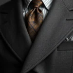 Vintage 1920s men's suit detail showing high button stance, broad shoulders, and precise tailoring on charcoal wool fabric, professional studio lighting highlighting texture and craftsmanship